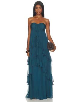 ROCOCO SAND - Women's Strapless Ruffled Satin Maxi Dress Teal
