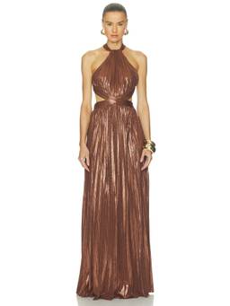Retrofete - Shell Women's Metallic Halter Neck Maxi Dress Bronze