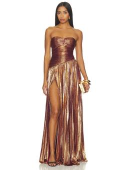 Retrofete - Metallic Plisse Women's Strapless Side Slit Maxi Dress Gold
