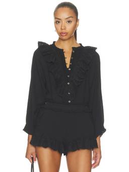 Show Me Your Mumu - French Women's Ruffled Eyelet Button-Down Blouse Black