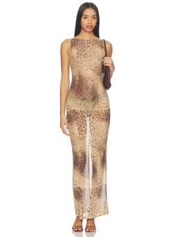 superdown - Ledger Women's Sheer Mesh Animal Print Bodycon Maxi Dress Beige