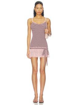 Tiger Mist - Celia Women's Striped Lace Trim Bodycon Mini Dress Pink