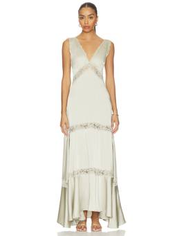 Tularosa - Claire Women's Satin Lace Trim Sleeveless Maxi Dress Off White