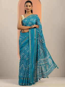 Libas - Blue Chevron Printed Woven Design Border Saree with Unstitched Blouse
