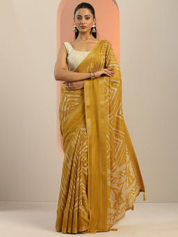 Libas - Mustard Chevron Printed Woven Design Border Saree with Unstitched Blouse