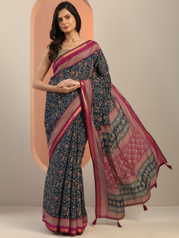 Libas - Teal Floral Printed Saree with Unstitched Blouse