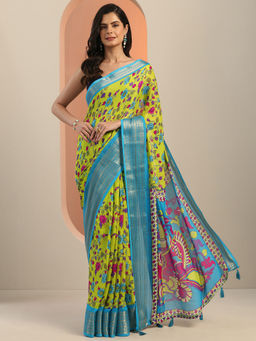 Libas - Green Floral Printed Woven Design Border Saree with Unstitched Blouse