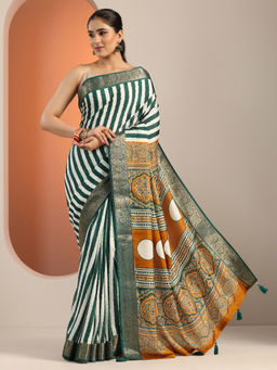 Libas - Green Striped Printed Woven Design Border Saree with Unstitched Blouse