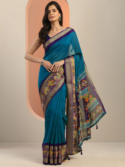 Libas - Teal Printed Woven Border Saree with Unstitched Blouse