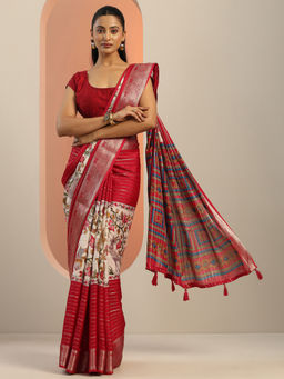 Libas - Red Printed Woven Design Border Saree with Unstitched Blouse
