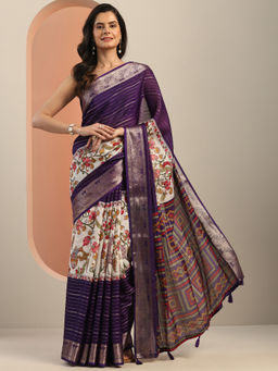 Libas - Purple Printed Woven Design Border Saree with Unstitched Blouse