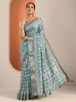 Libas - Blue Ethnic Motif Printed Pintuck Woven Design Border Saree with Unstitched Blouse