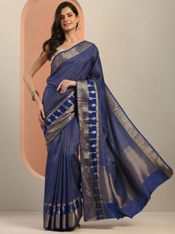 Libas - Navy Blue Zari Woven Design Border Saree with Unstitched Blouse