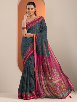 Libas - Teal Ethnic Motif Saree with Unstitched Blouse
