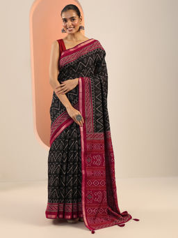 Libas - Black Ethnic Motif Printed Saree with Unstitched Blouse