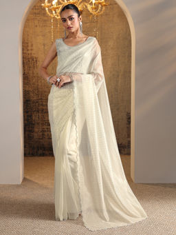 Libas - Off White Beads Embellished Saree with Unstitched Blouse