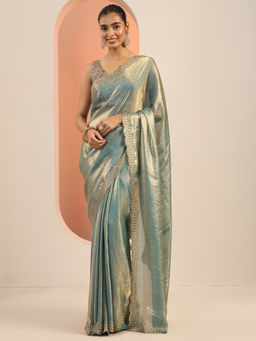 Libas - Teal Embellished Saree with Unstitched Blouse