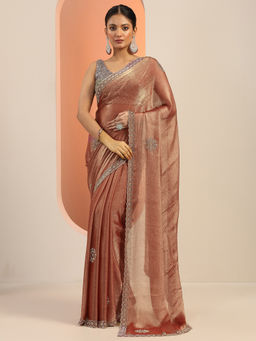 Libas - Rust Beads Embellished Saree with Unstitched Blouse