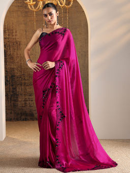 Libas - Magenta Beads Embellished Border Saree with Unstitched Blouse