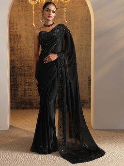 Libas - Black Beads Embellished Border Saree with Unstitched Blouse
