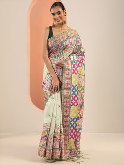 Libas - Beige Ethnic Motif Printed Saree with Unstitched Blouse
