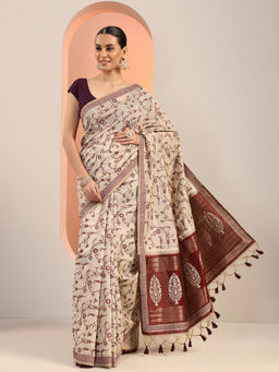 Libas - Beige Woven Saree with Unstitched Blouse