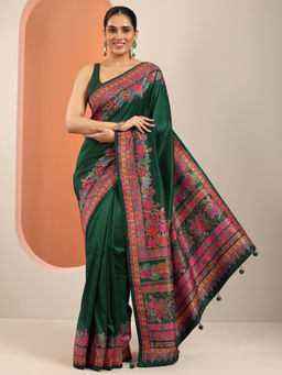 Libas - Green Floral Printed Saree with Unstitched Blouse