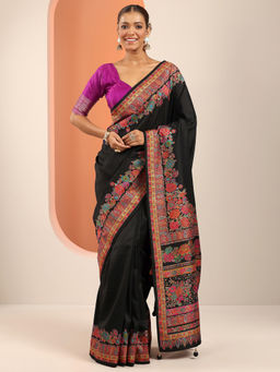 Libas - Black Floral Printed Saree with Unstitched Blouse