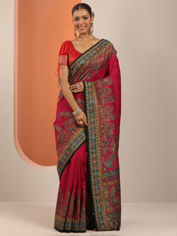 Libas - Red Floral Printed Saree with Unstitched Blouse
