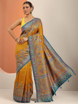 Libas - Mustard Floral Printed Saree with Unstitched Blouse