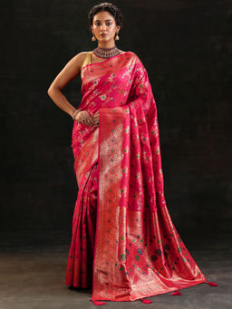 Libas - Pink Floral Woven Design Saree with Unstitched Blouse