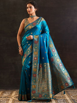 Libas - Blue Ethnic Woven Design Saree with Unstitched Blouse