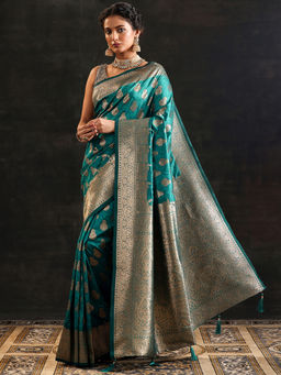 Libas - Teal Ethnic Woven Design Saree with Unstitched Blouse
