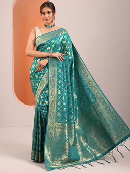 Libas - Teal Zari Woven Design Saree with Unstitched Blouse