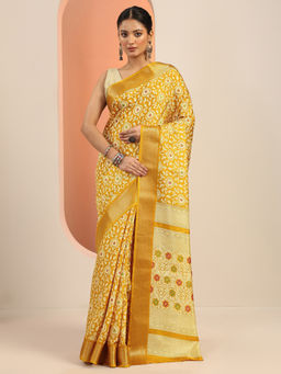 Libas - Mustard Floral Printed Saree with Unstitched Blouse