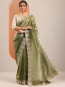 Libas - Olive Embroidered Saree with Unstitched Blouse