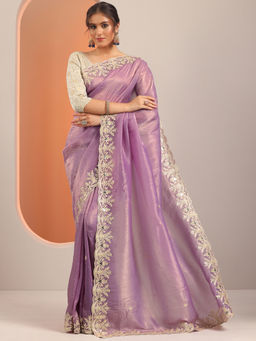 Libas - Lavender Embroidered Saree with Unstitched Blouse