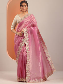 Libas - Pink Embroidered Saree with Unstitched Blouse