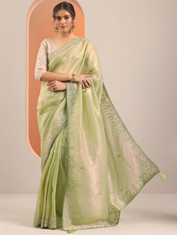 Libas - Green Embroidered Saree with Unstitched Blouse