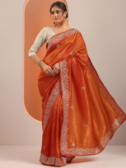 Libas - Orange Embroidered Saree with Unstitched Blouse