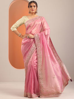 Libas - Pink Embroidered Saree with Unstitched Blouse