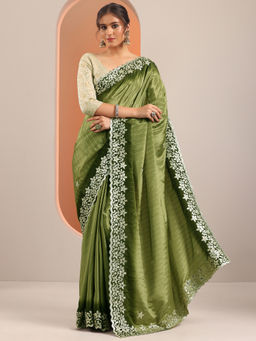 Libas - Green Zari Embroidered Saree with Unstitched Blouse