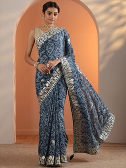 Libas - Blue Bandhani Printed Saree with Unstitched Blouse