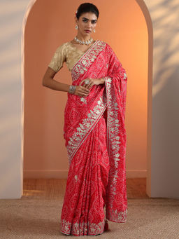 Libas - Red Bandhani Printed Saree with Unstitched Blouse