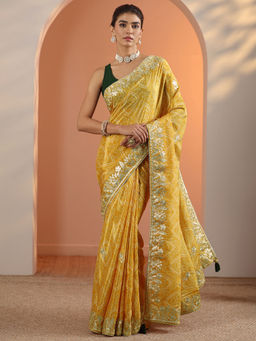 Libas - Yellow Bandhani Printed Saree with Unstitched Blouse