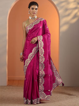 Libas - Pink Ethnic Motif Zari Embroidered Saree with Unstitched Blouse