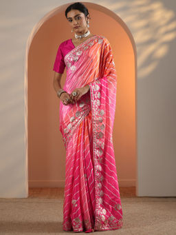 Libas - Pink Leheriya Printed Saree with Unstitched Blouse