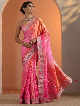 Libas - Pink Leheriya Printed Saree with Unstitched Blouse