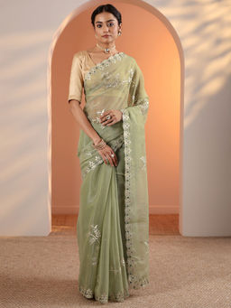 Libas - Green Floral Zari Embellished Saree with Unstitched Blouse