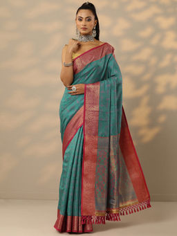 Libas - Teal Blue Ethnic Motifs Woven Design Saree with Unstitched Blouse